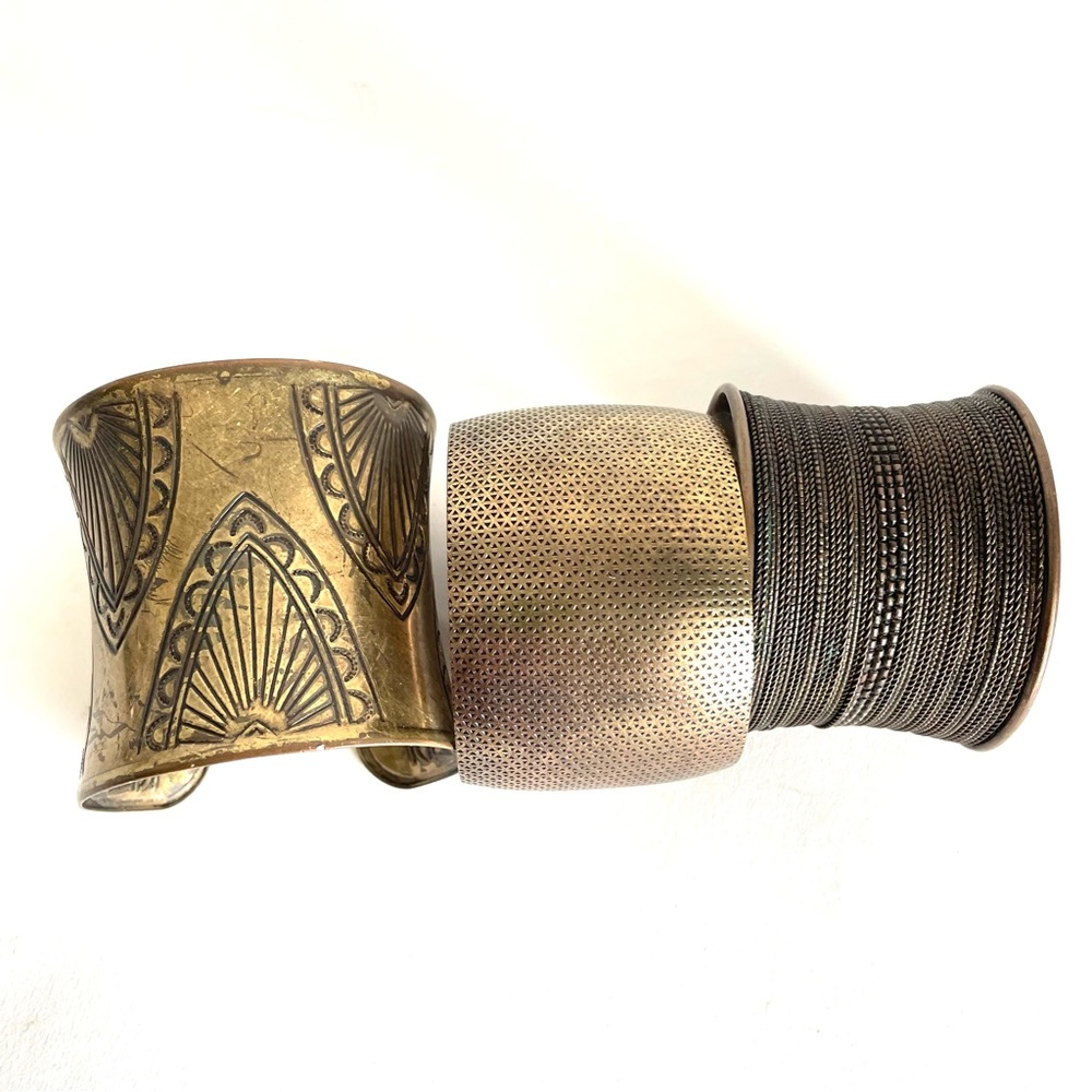 Set of 3 Vintage brass cuff bracelets.Patterned unique etched and coiled designs